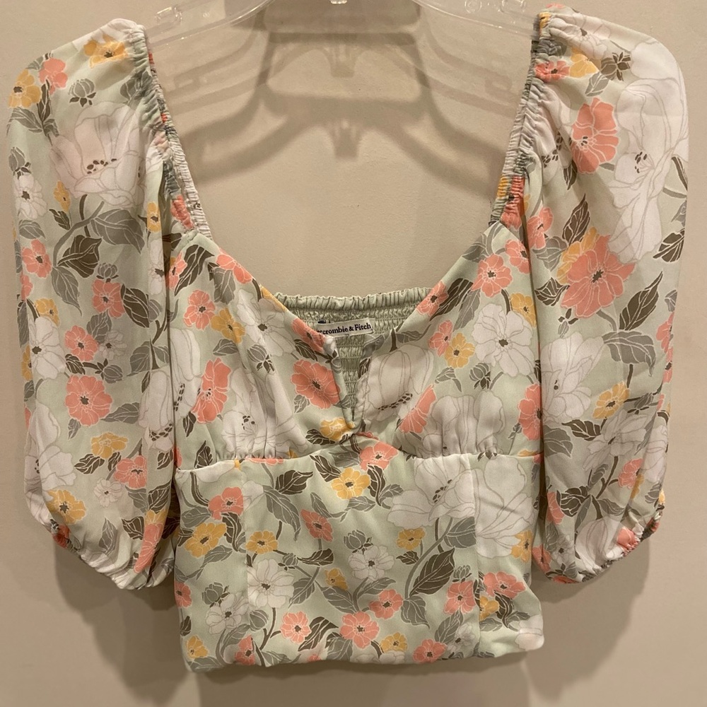 Abercrombie & Fitch Floral Puff Sleeve Top - Green, Pink, Yellow